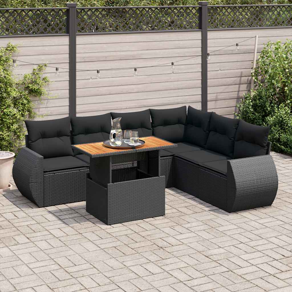 7 Pcs conjunto de sofás p/ jardim c/ almofadões vime PE preto