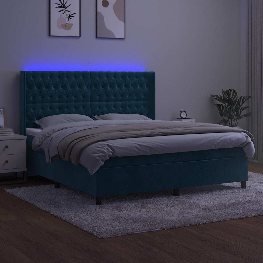 Cama box spring c/ colchão/LED 160x200 cm veludo azul-escuro