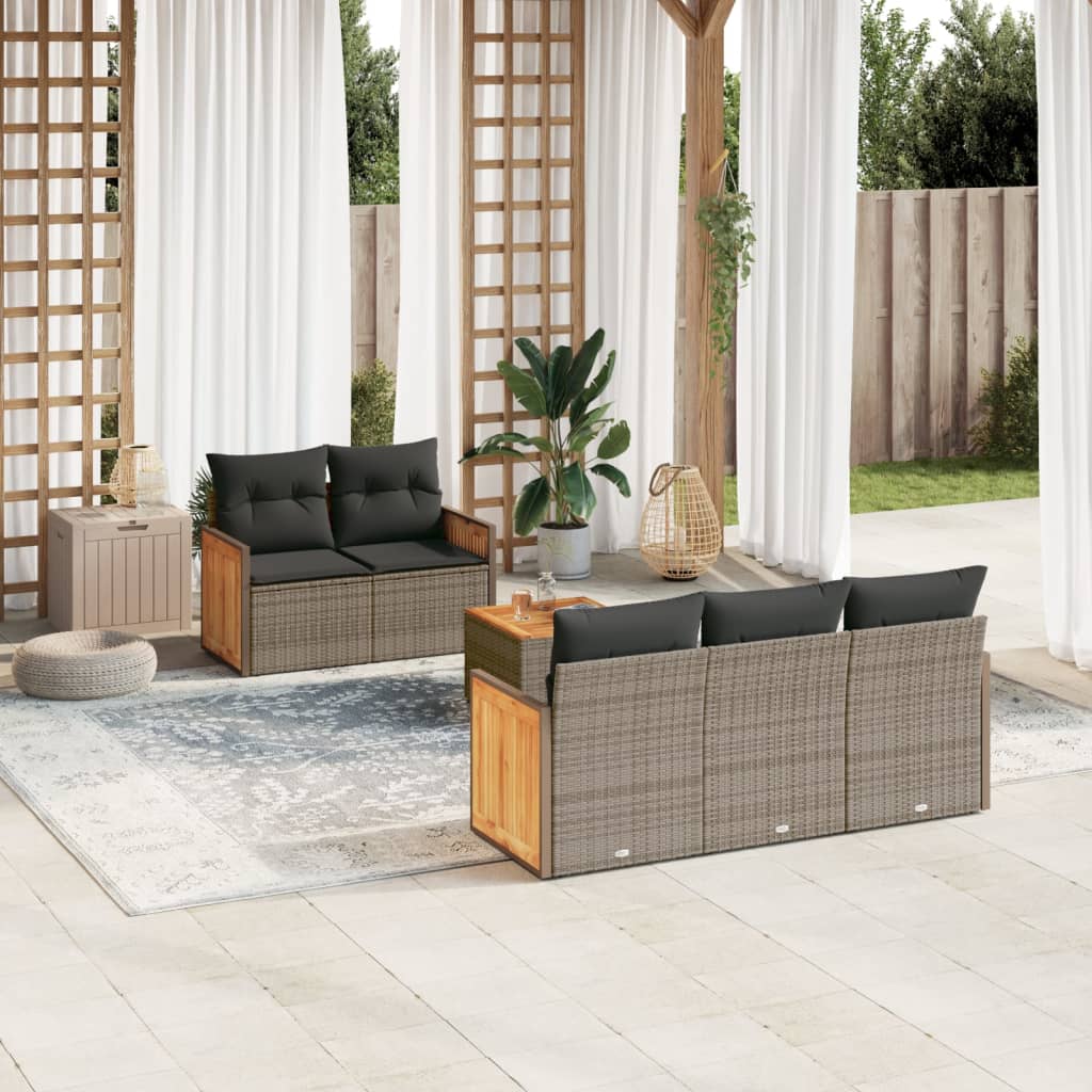 6 Pcs conjunto sofás de jardim com almofadões vime cinzento