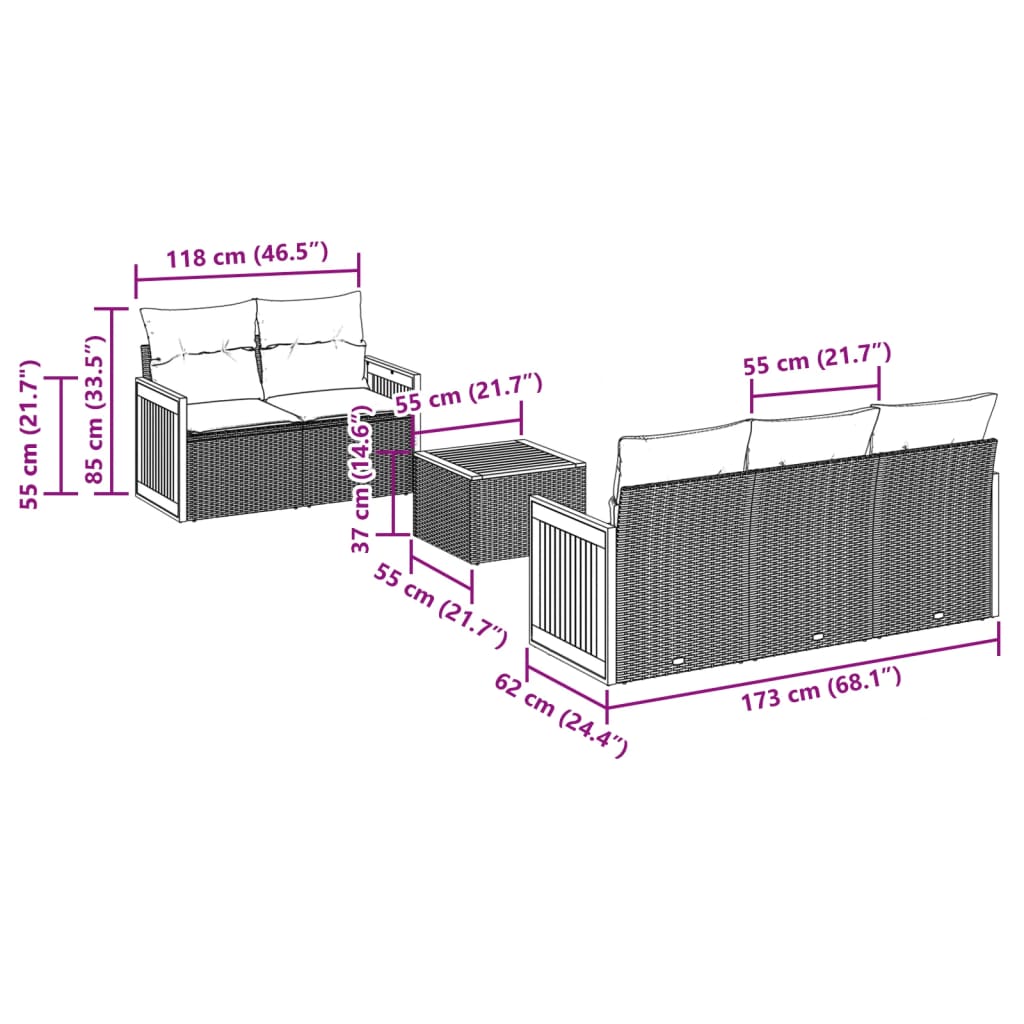 6 Pcs conjunto sofás de jardim com almofadões vime cinzento