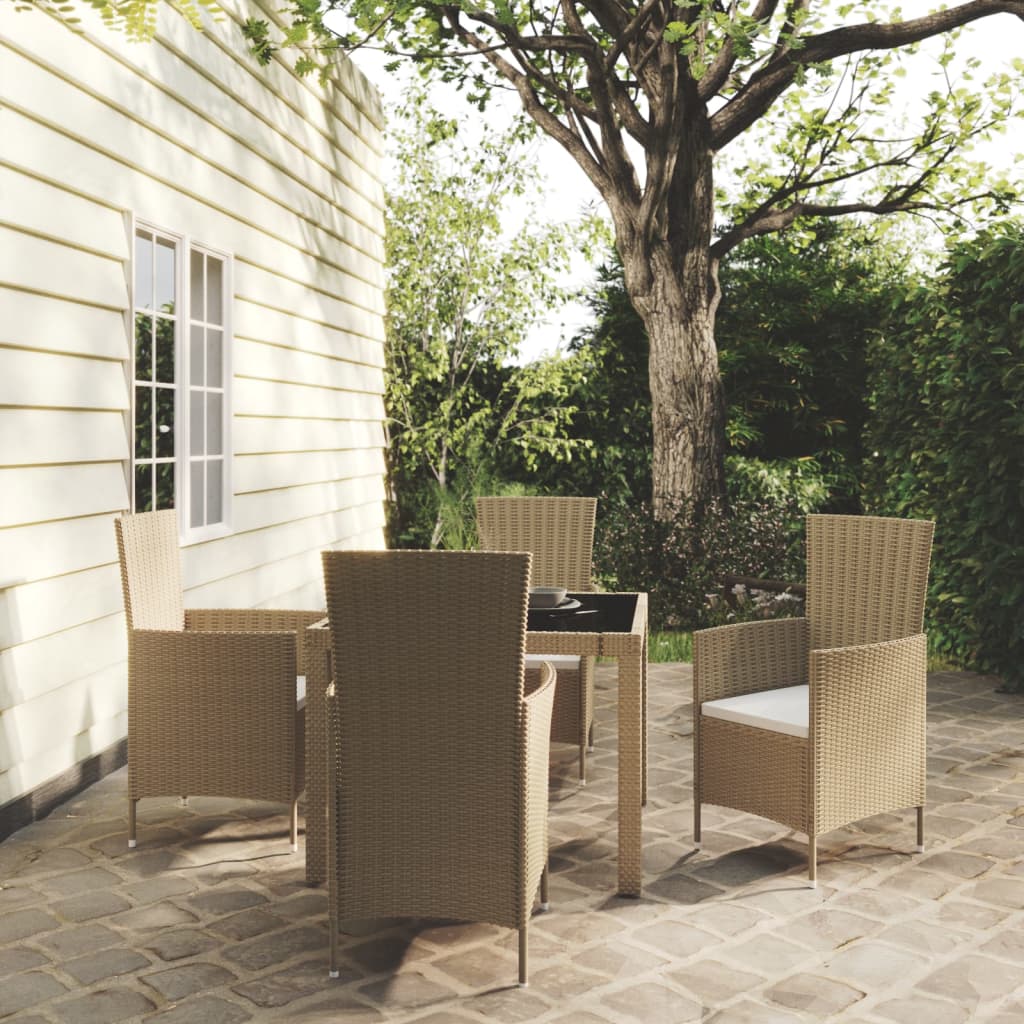 5 Pcs conjunto jantar p/ exterior c/ almofadões vime PE bege
