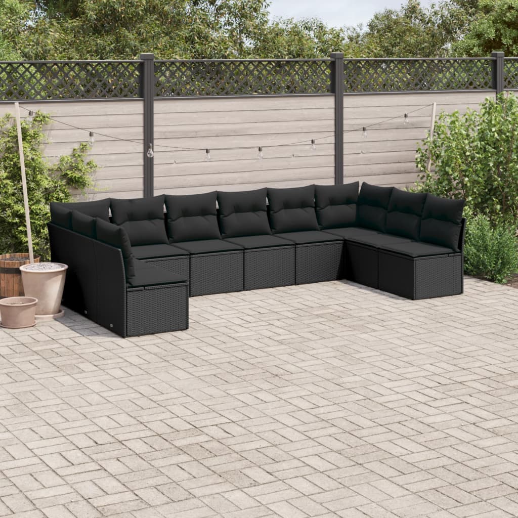 10 Pcs conjunto sofás de jardim c/ almofadões vime PE preto