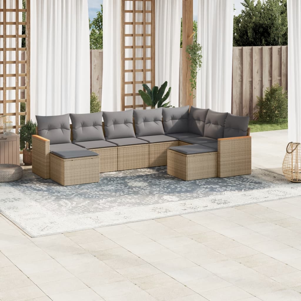 9 Pcs conjunto de sofás p/ jardim com almofadões vime PE bege