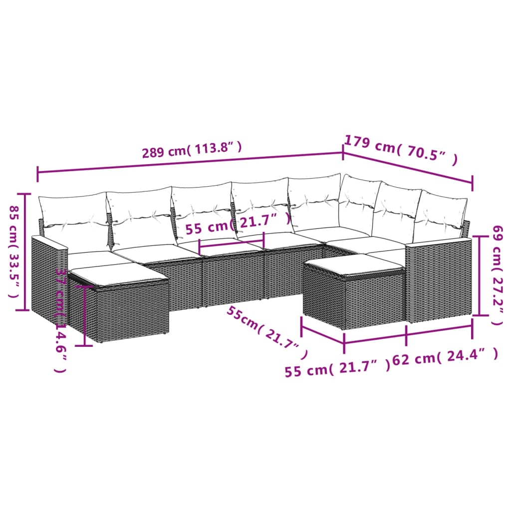 9 Pcs conjunto de sofás p/ jardim com almofadões vime PE bege