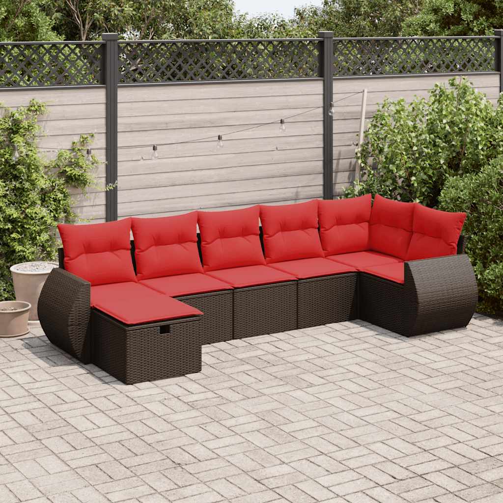 7 Pcs conjunto de sofás jardim c/ almofadões vime PE castanho