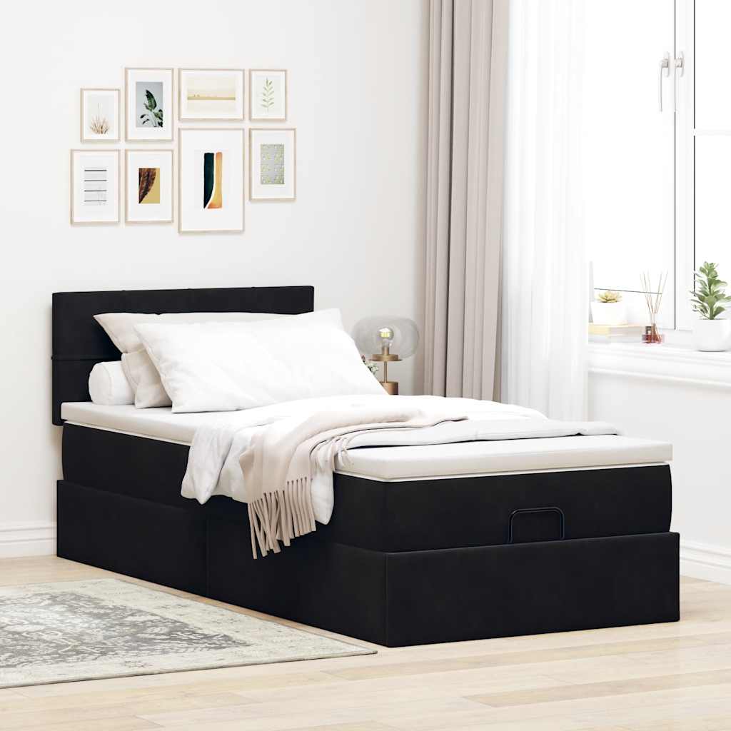 Estrutura de cama otomana com colchão preto 100x200cm veludo