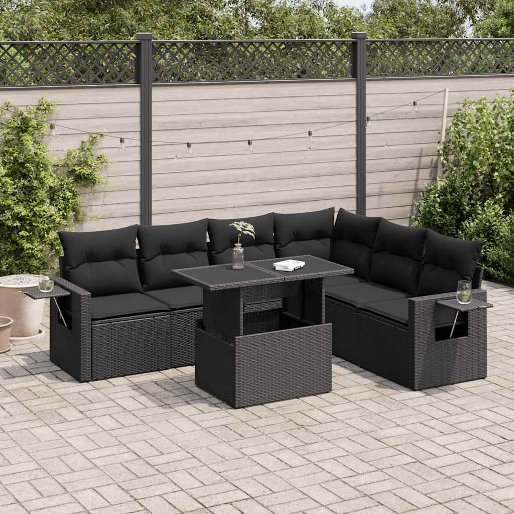 7 Pcs conjunto de sofás p/ jardim c/ almofadões vime PE preto