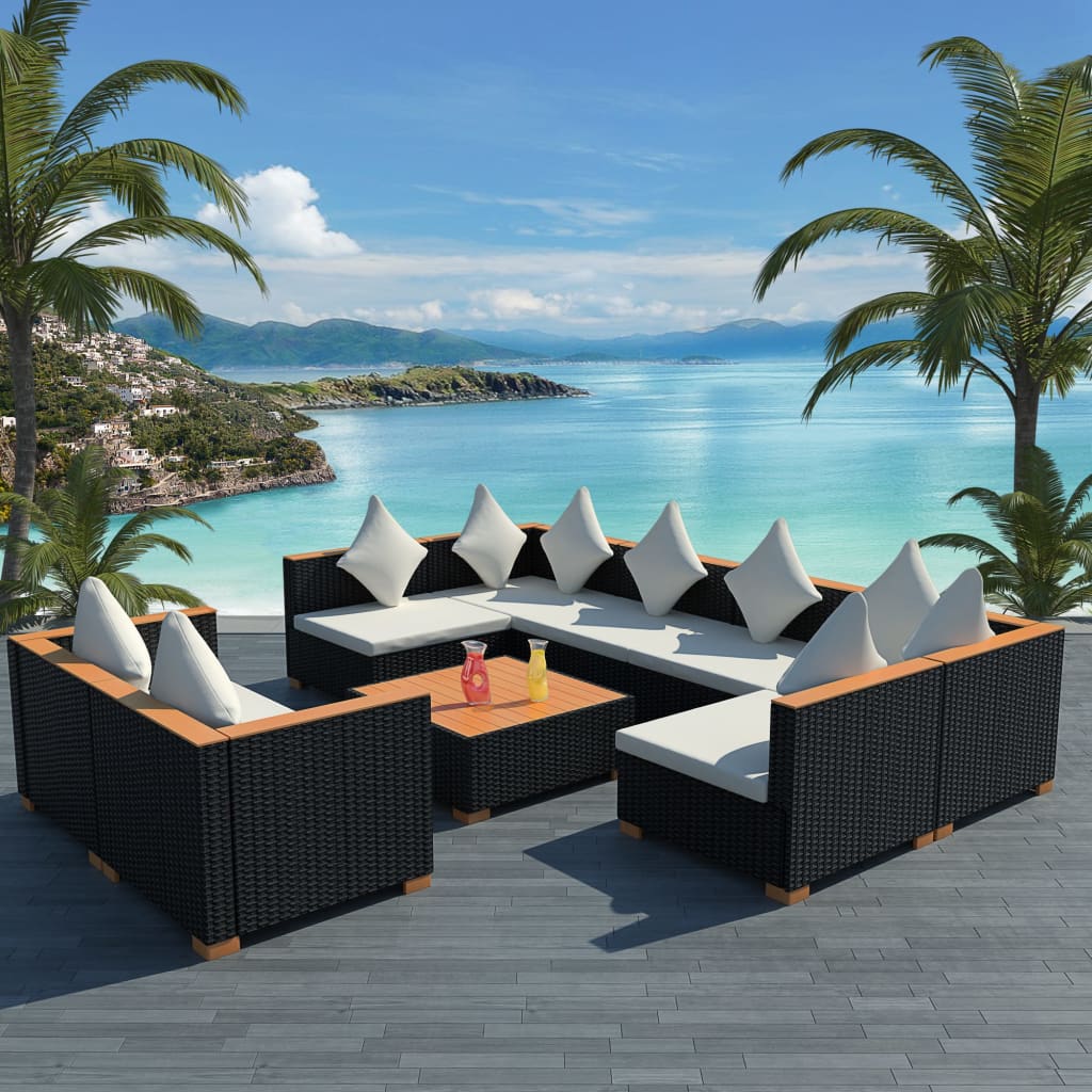 9 Pcs conjunto lounge de jardim c/ almofadões vime PE preto