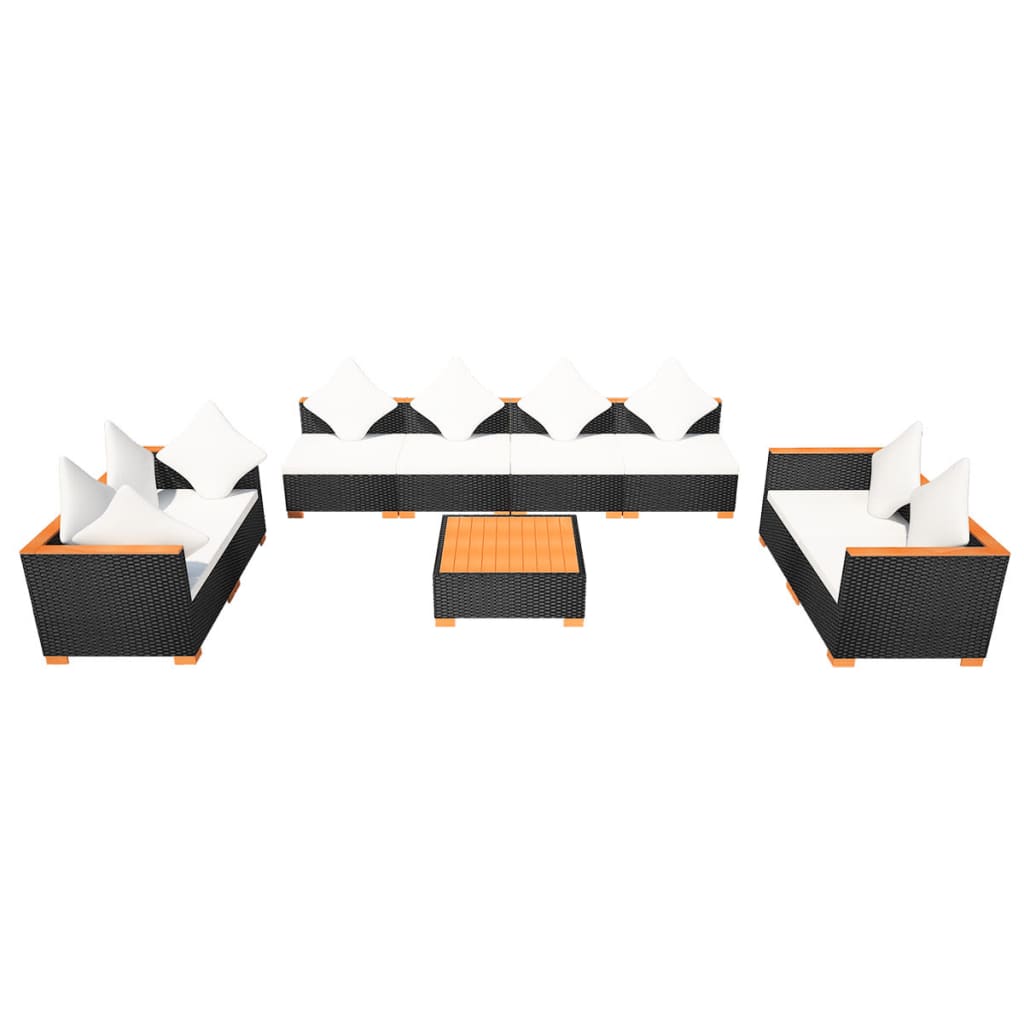 9 Pcs conjunto lounge de jardim c/ almofadões vime PE preto