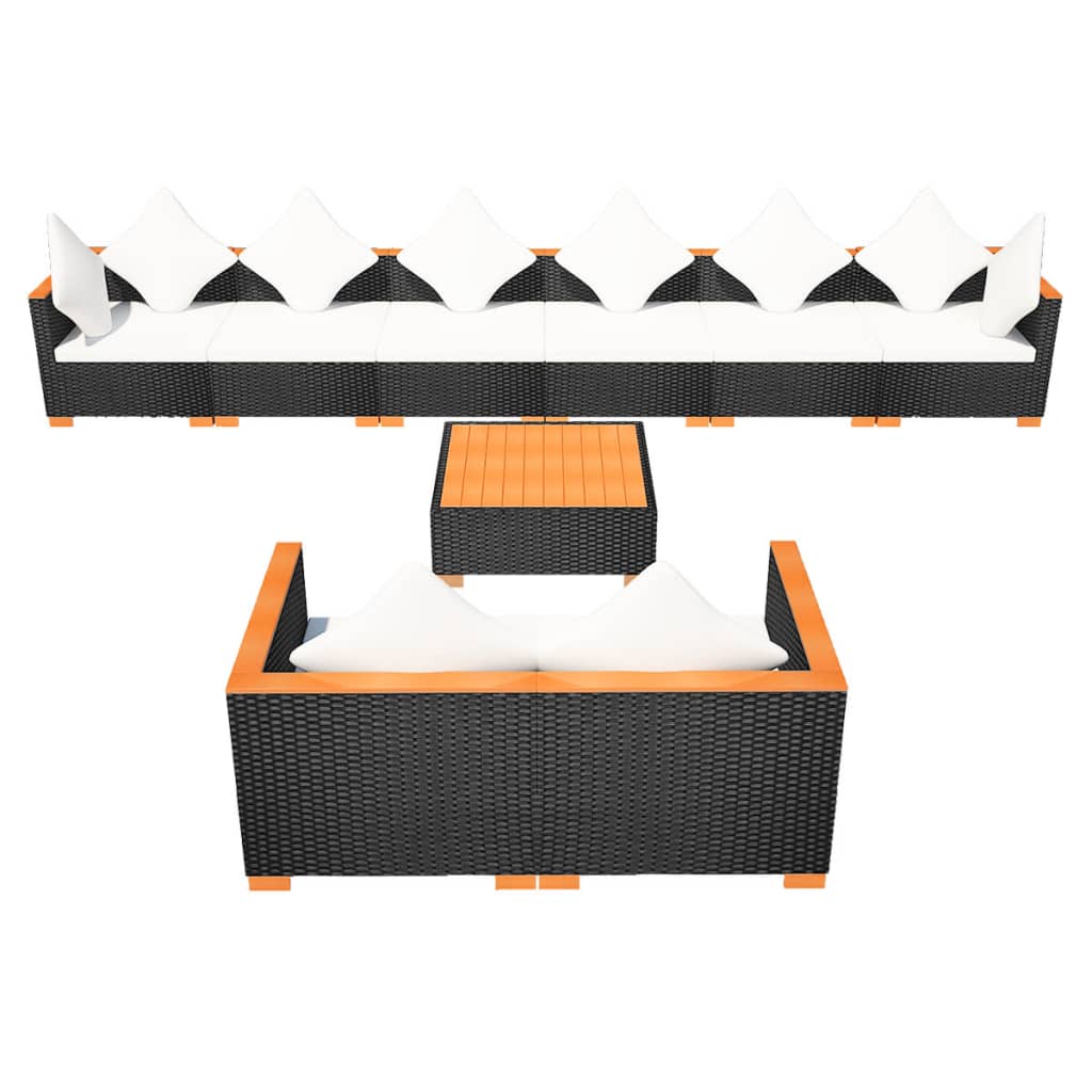 9 Pcs conjunto lounge de jardim c/ almofadões vime PE preto