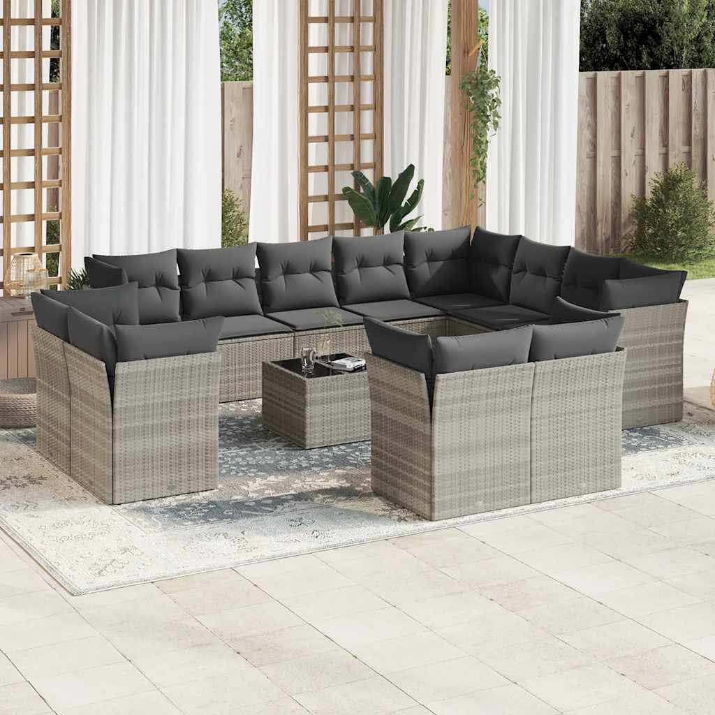 13 Pcs conj. sofás jardim c/ almofadões vime PE cinzento-claro
