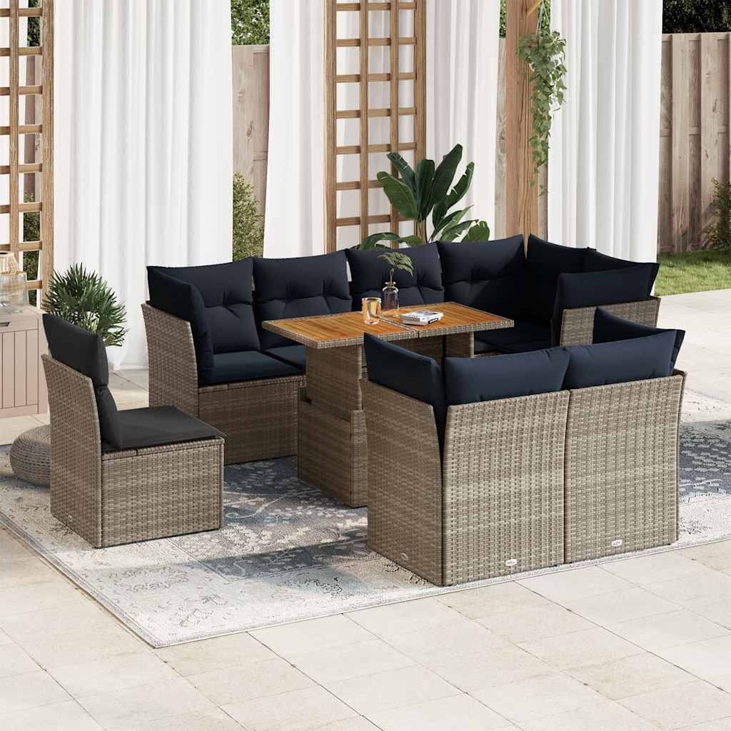 9 Pcs conjunto sofás p/ jardim com almofadões vime PE cinzento