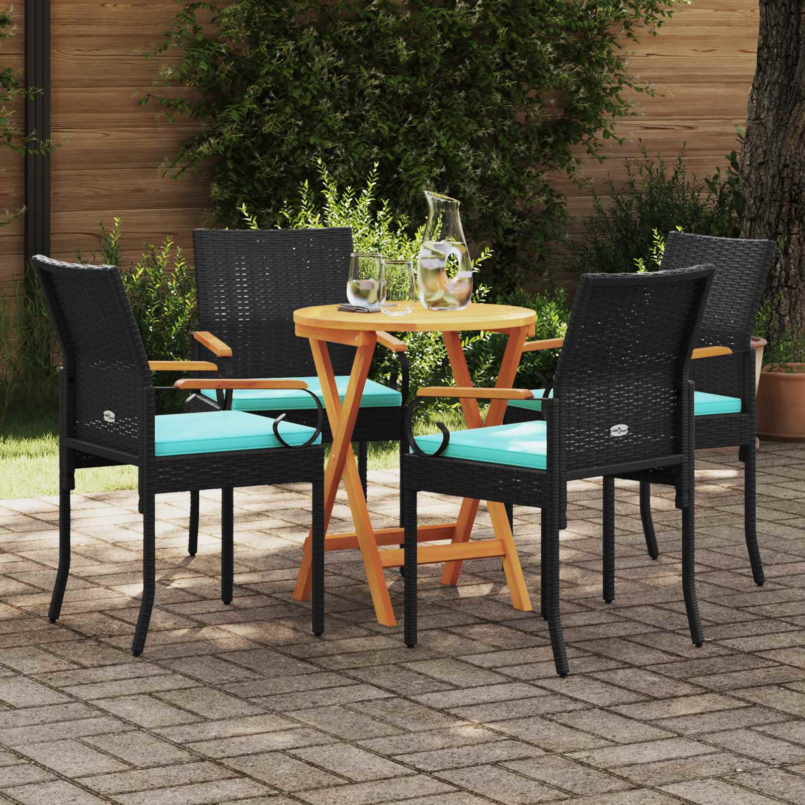 Cadeiras de jardim 4 unid. preto e turquesa polirattan e acácia
