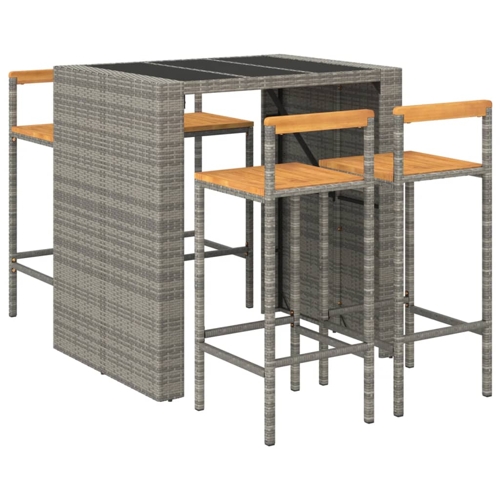 5 Pcs conjunto de bar p/ jardim vime PE/acácia maciça cinzento