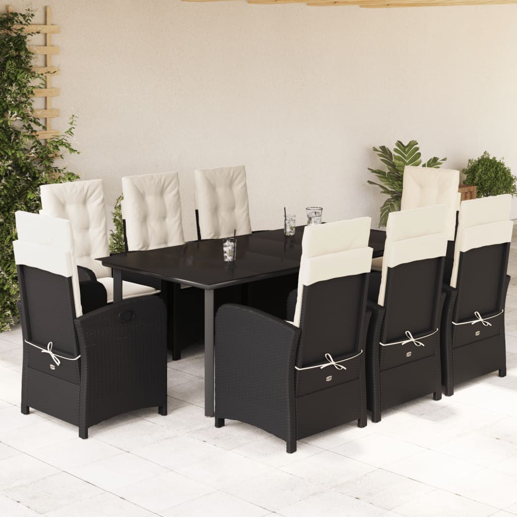 9 Pcs conjunto de jantar p/ jardim c/ almofadões vime PE preto