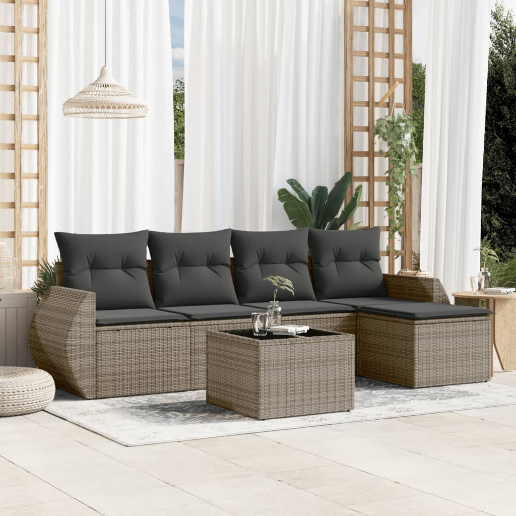 6 Pcs conjunto sofás de jardim com almofadões vime cinzento