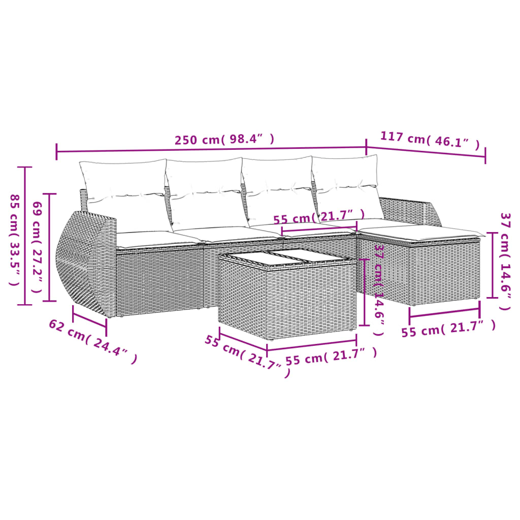6 Pcs conjunto sofás de jardim com almofadões vime cinzento