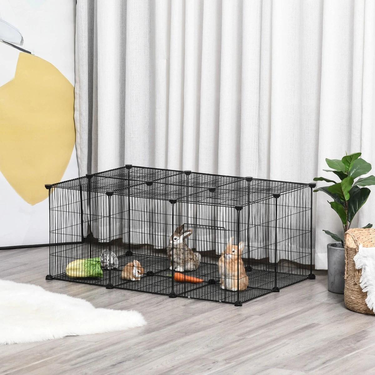 Recinto para Animais de Estimação DIY s com 22 Painéis e Porta Recinto Modular para Coelhos 105x70x45 cm Preto