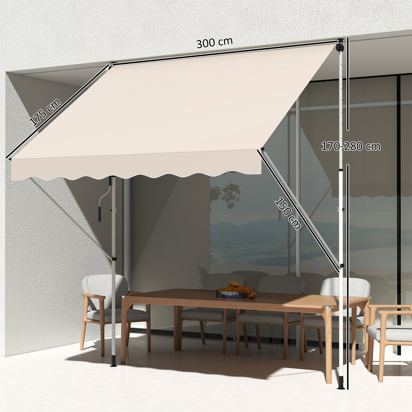 Toldo portátil pátio varanda 3x1,5m toldo manual dobrável de alumínio altura regulável com manivela para terraço jardim bege
