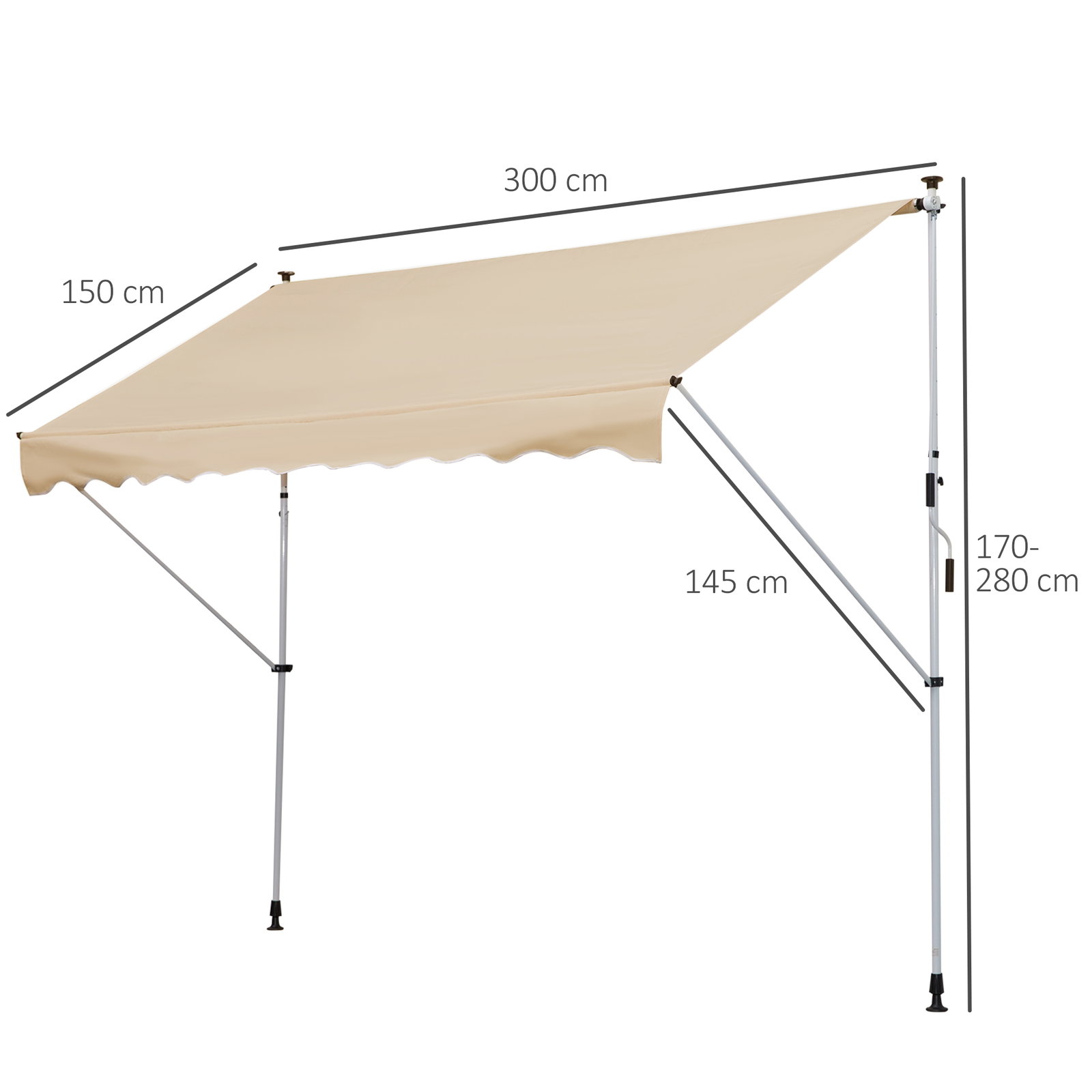 Toldo portátil pátio varanda 3x1,5m toldo manual dobrável de alumínio altura regulável com manivela para terraço jardim bege