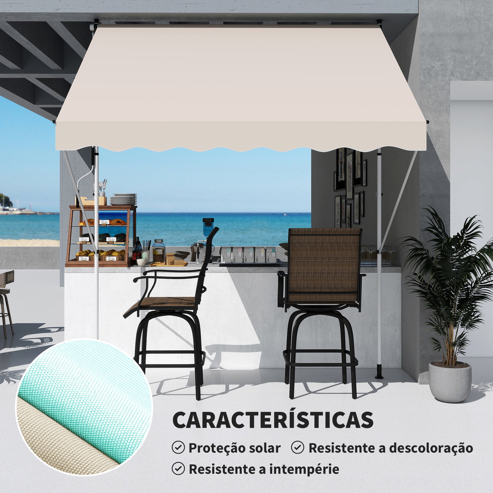 Toldo portátil pátio varanda 3x1,5m toldo manual dobrável de alumínio altura regulável com manivela para terraço jardim bege