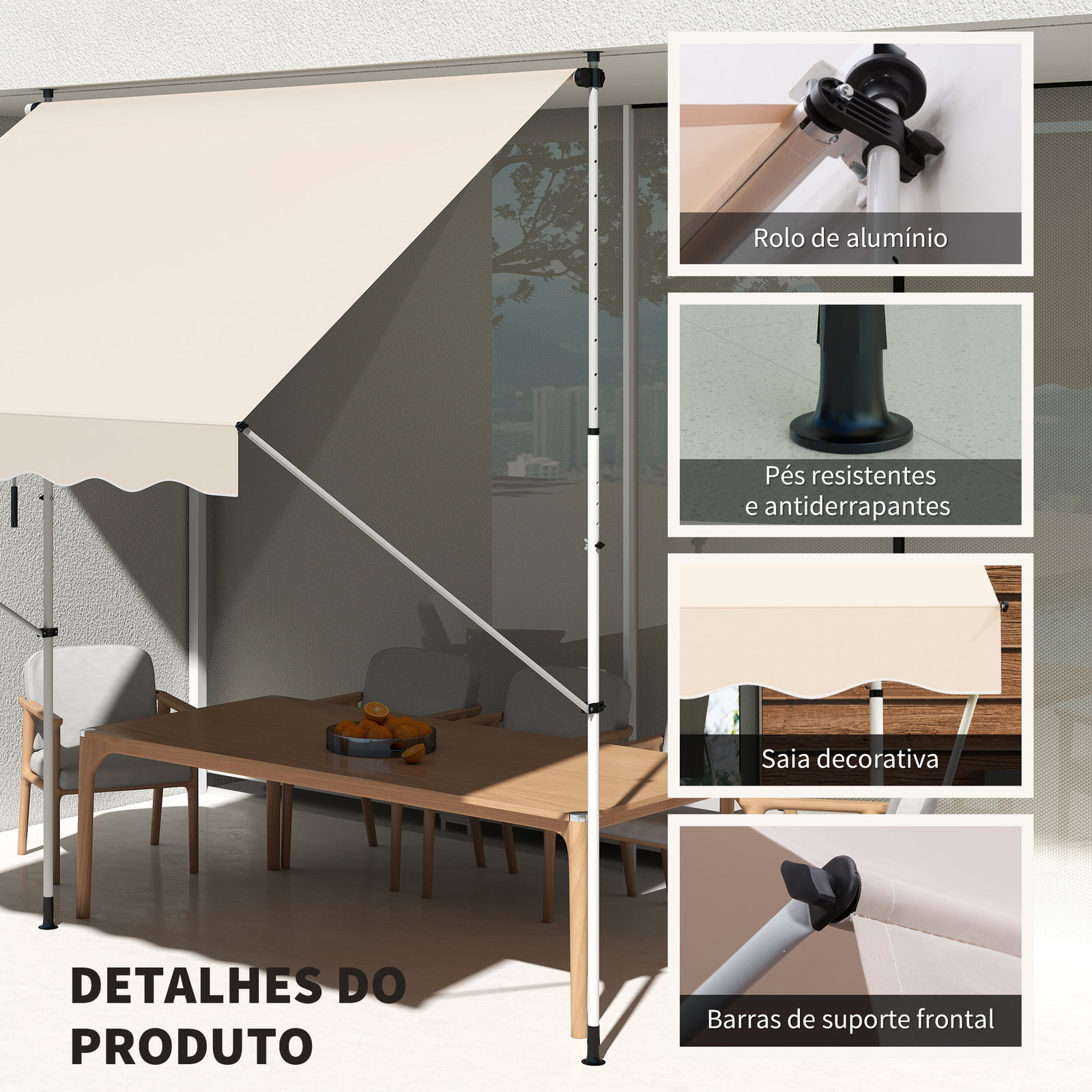 Toldo portátil pátio varanda 3x1,5m toldo manual dobrável de alumínio altura regulável com manivela para terraço jardim bege