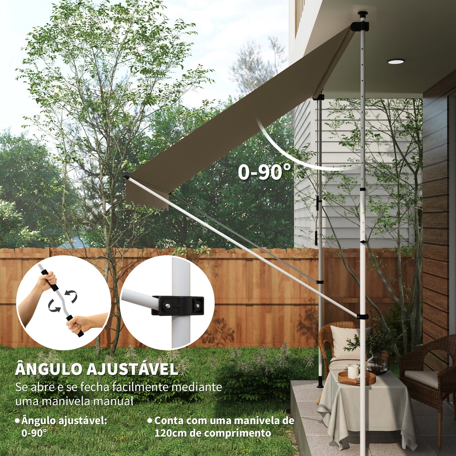 Toldo portátil pátio varanda 3x1,5m toldo manual dobrável de alumínio altura regulável com manivela para terraço jardim bege