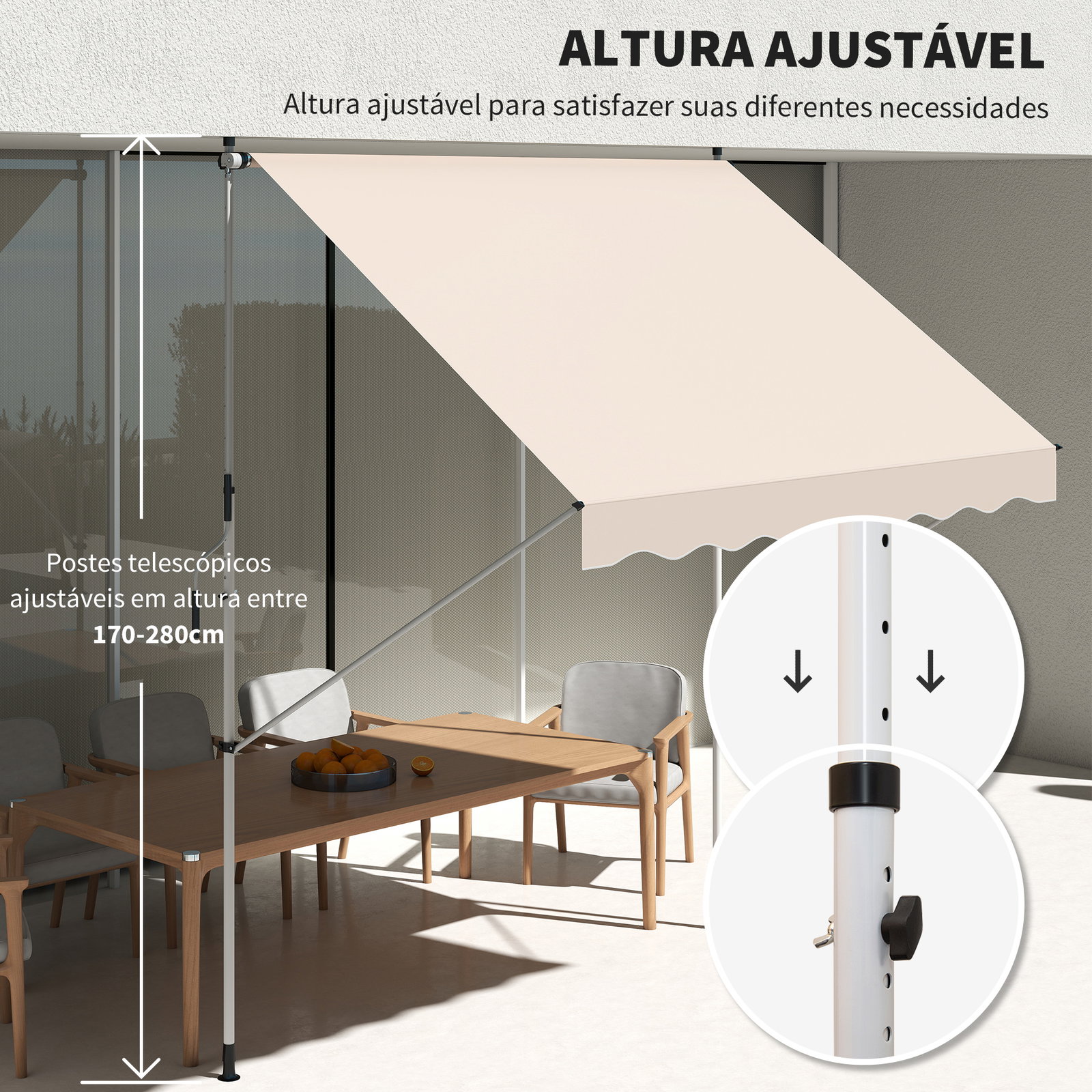 Toldo portátil pátio varanda 3x1,5m toldo manual dobrável de alumínio altura regulável com manivela para terraço jardim bege