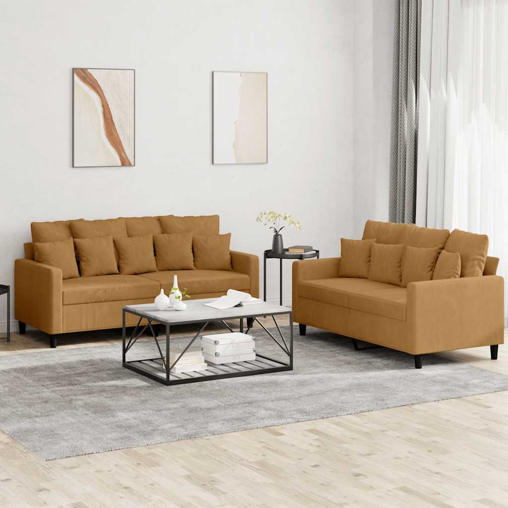 2 Pcs conjunto de sofás com almofadões veludo castanho