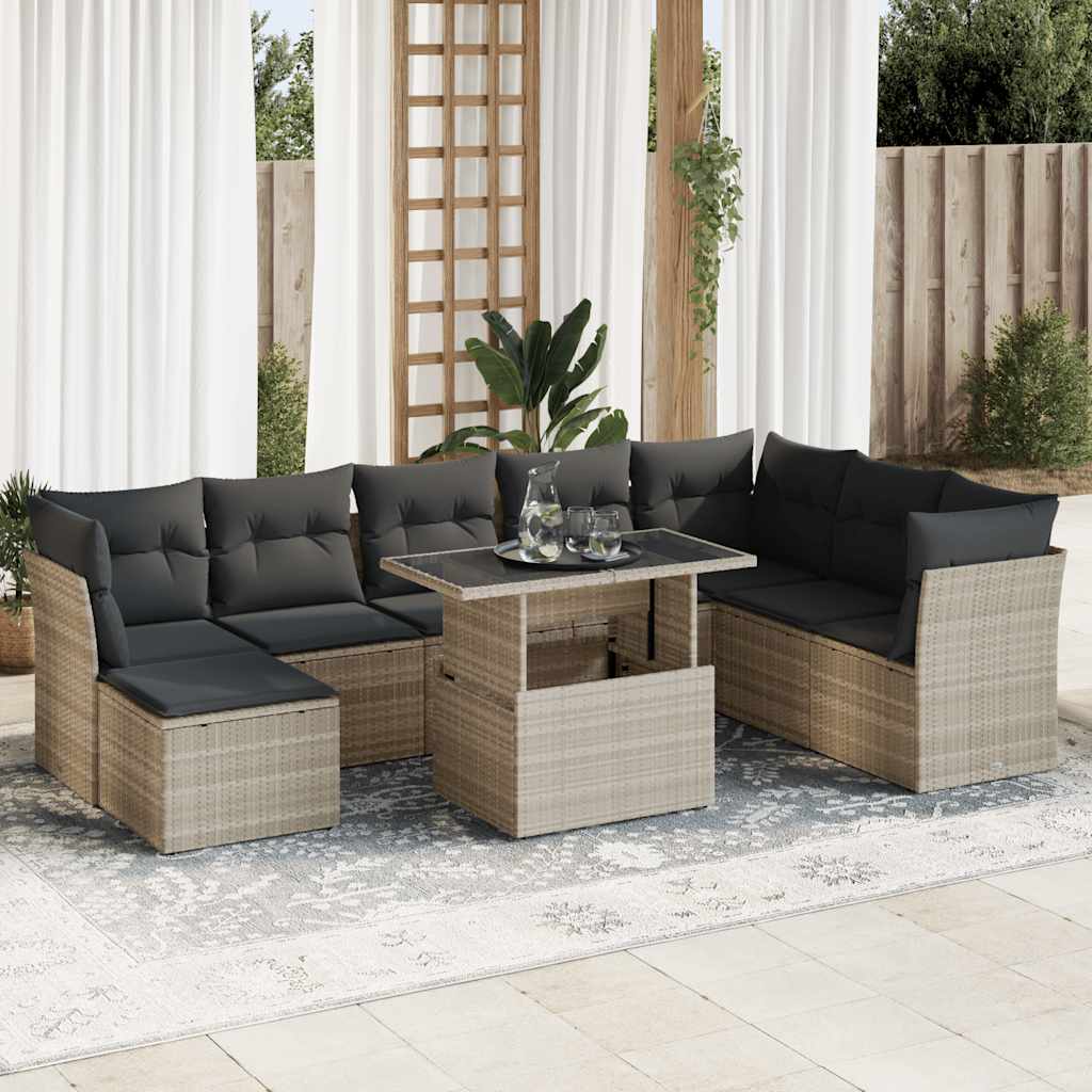 9 Pcs conj. sofás jardim com almofadões vime PE cinzento-claro