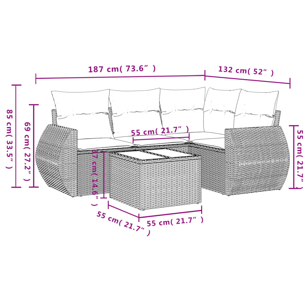 5 Pcs conjunto de sofás p/ jardim com almofadões vime PE bege