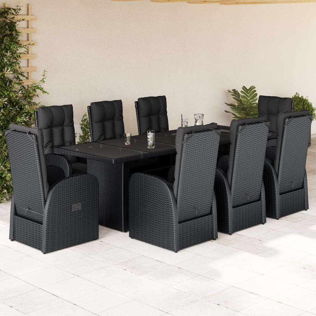 9 Pcs conjunto de jantar p/ jardim c/ almofadões vime PE preto