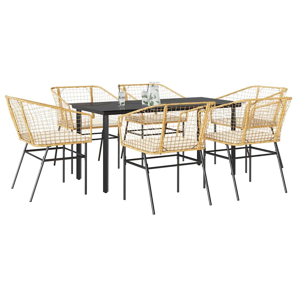 Conjunto jantar jardim 7 peças almofadas vidro vime PE castanho