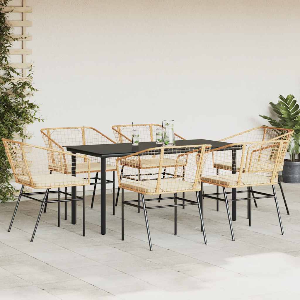 Conjunto jantar jardim 7 peças almofadas vidro vime PE castanho