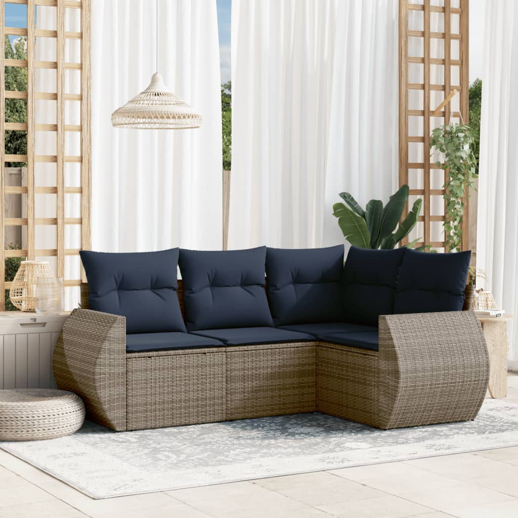 Conjunto de sofá de jardim com 4 peças e almofadas em rattan sintético cinza