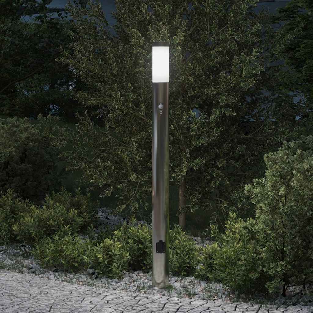 Luminária de poste com sensor e tomada, 110 cm, aço inoxidável, IP44