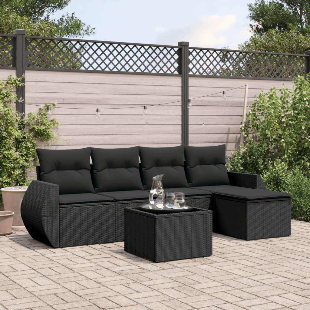 6 Pcs conjunto sofás de jardim c/ almofadões vime PE preto