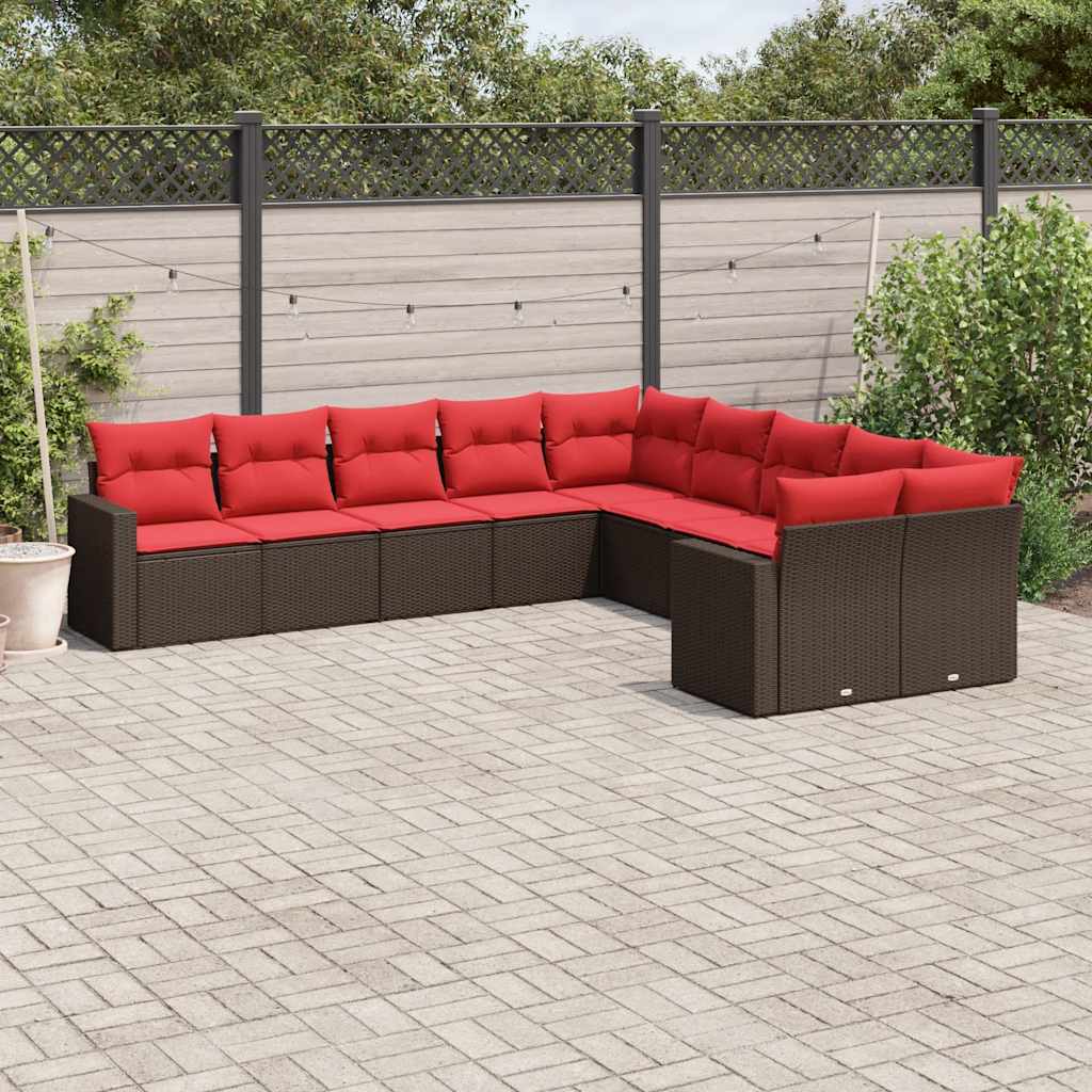 10 Pcs conj. sofás jardim com almofadões vime PE castanho