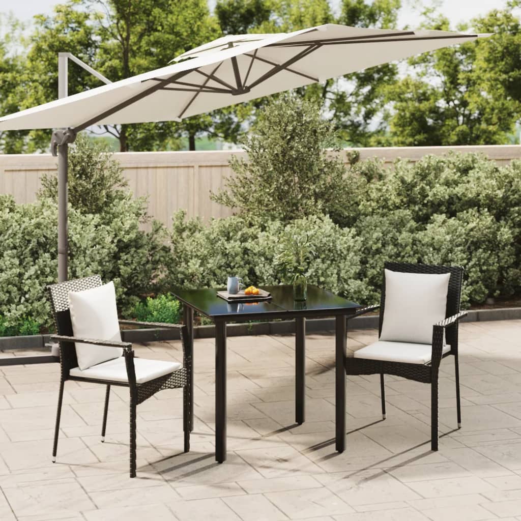3 Pcs conjunto de jantar p/ jardim c/ almofadões vime PE preto