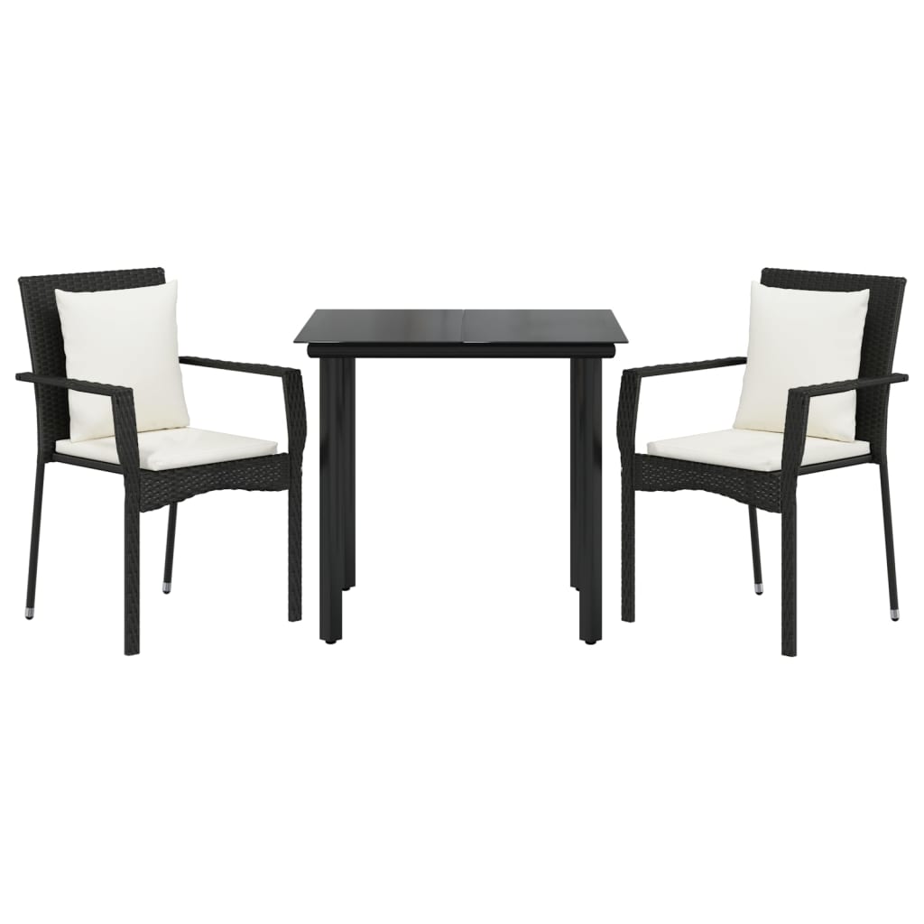 3 Pcs conjunto de jantar p/ jardim c/ almofadões vime PE preto