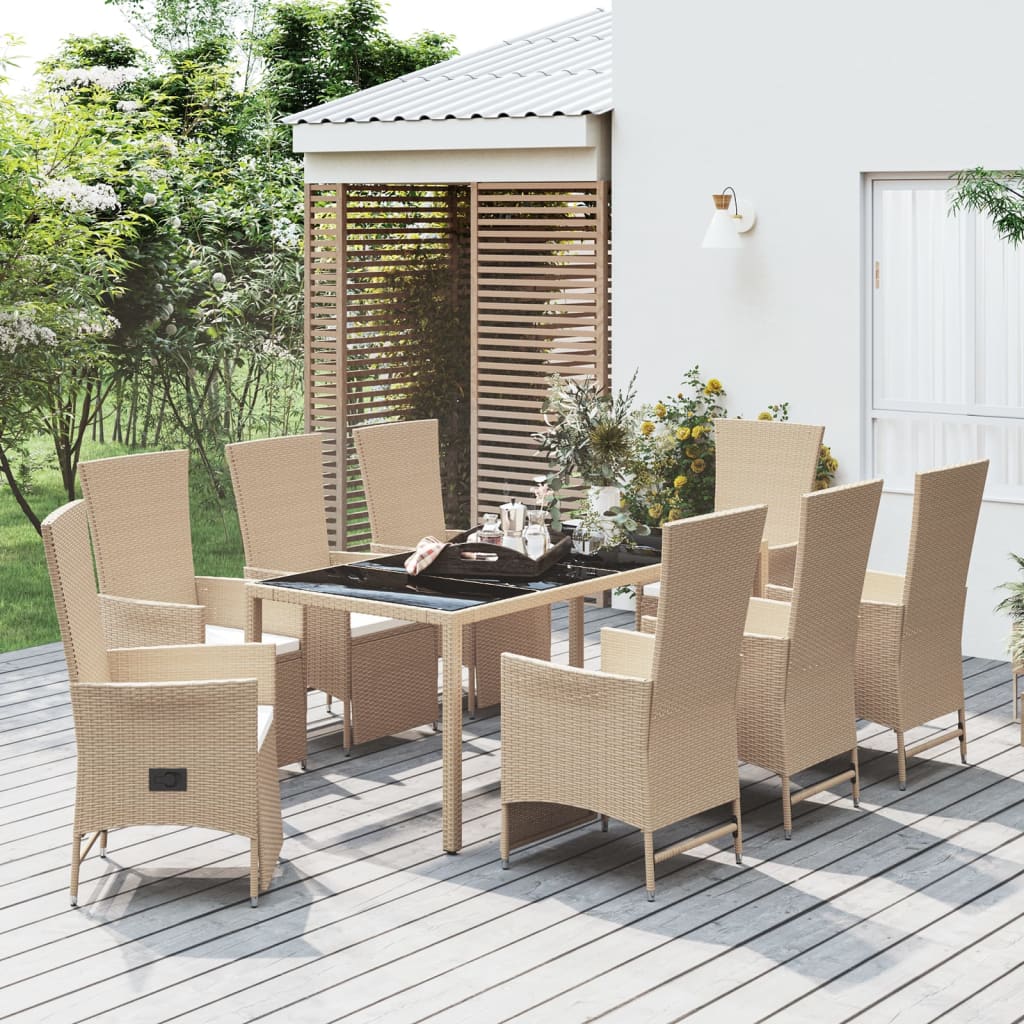 9 Pcs conjunto de jantar p/ jardim com almofadões vime PE bege