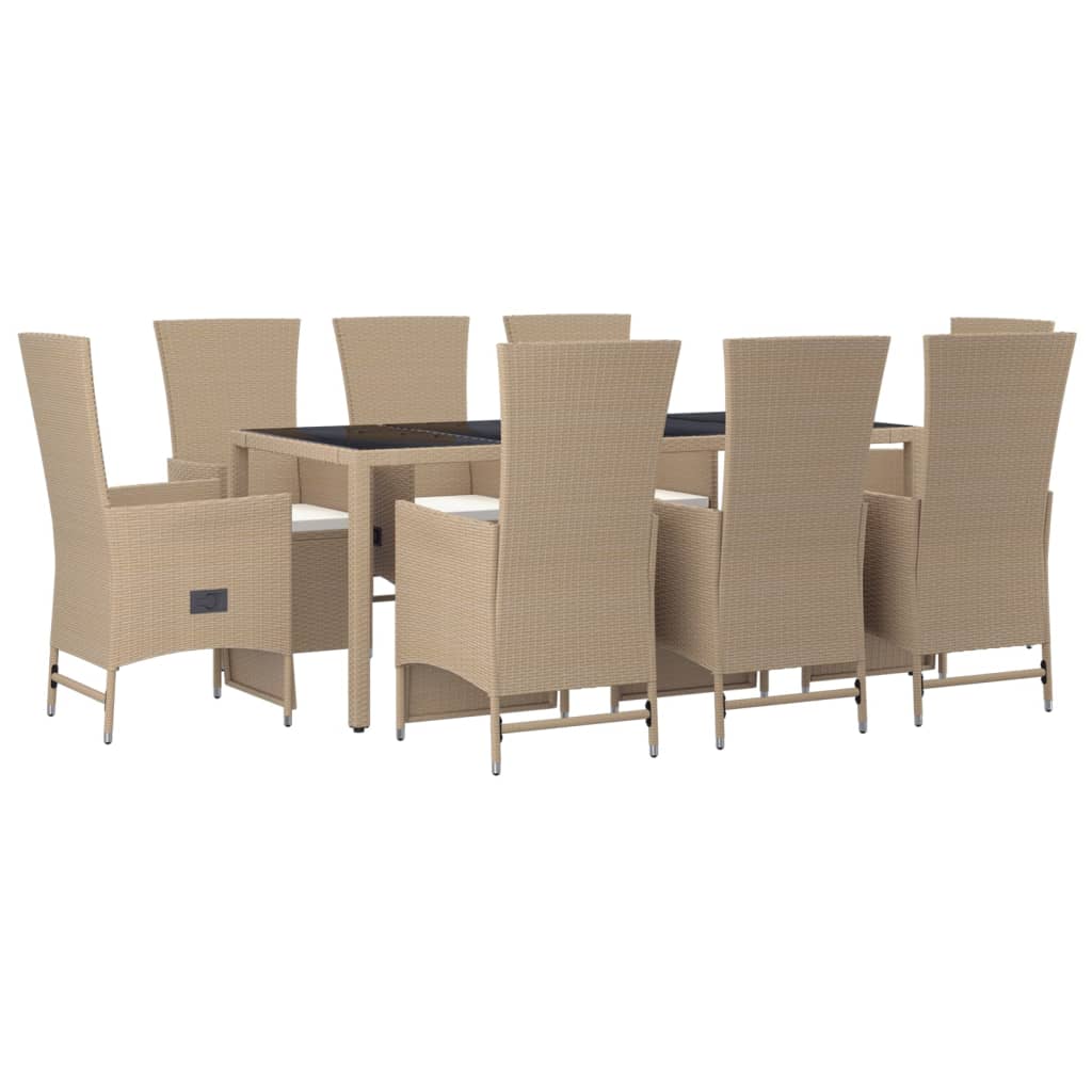 9 Pcs conjunto de jantar p/ jardim com almofadões vime PE bege