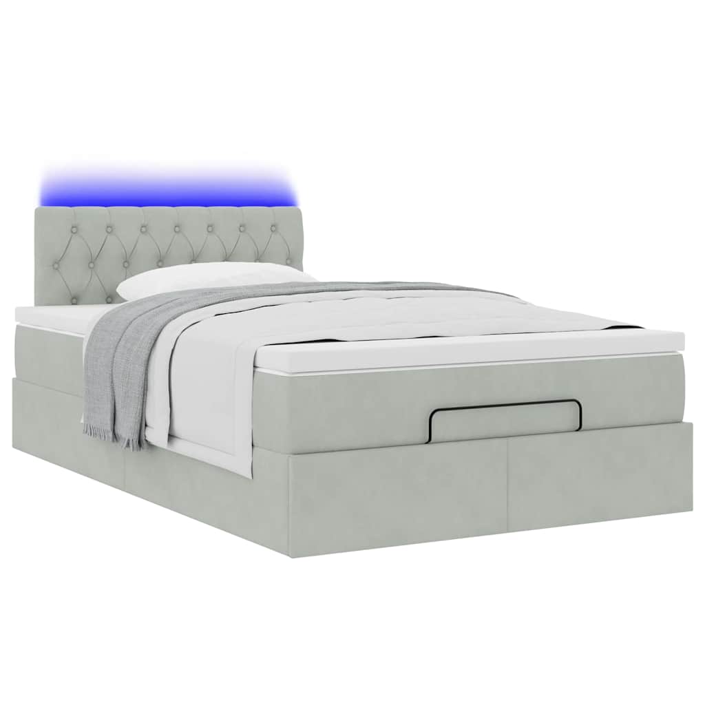 Estrutura de cama otomana com colchão cinza claro veludo