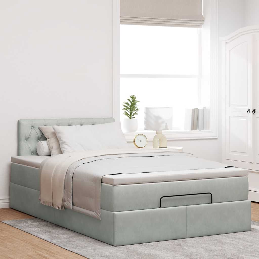 Estrutura de cama otomana com colchão cinza claro veludo