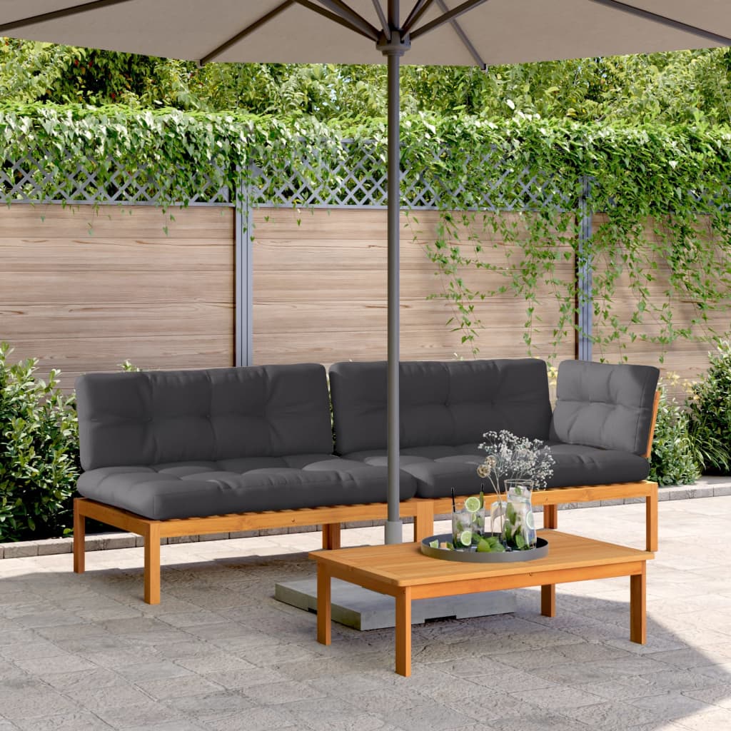 3 Pcs móveis de paletes p/ jardim c/ almofadões acácia maciça