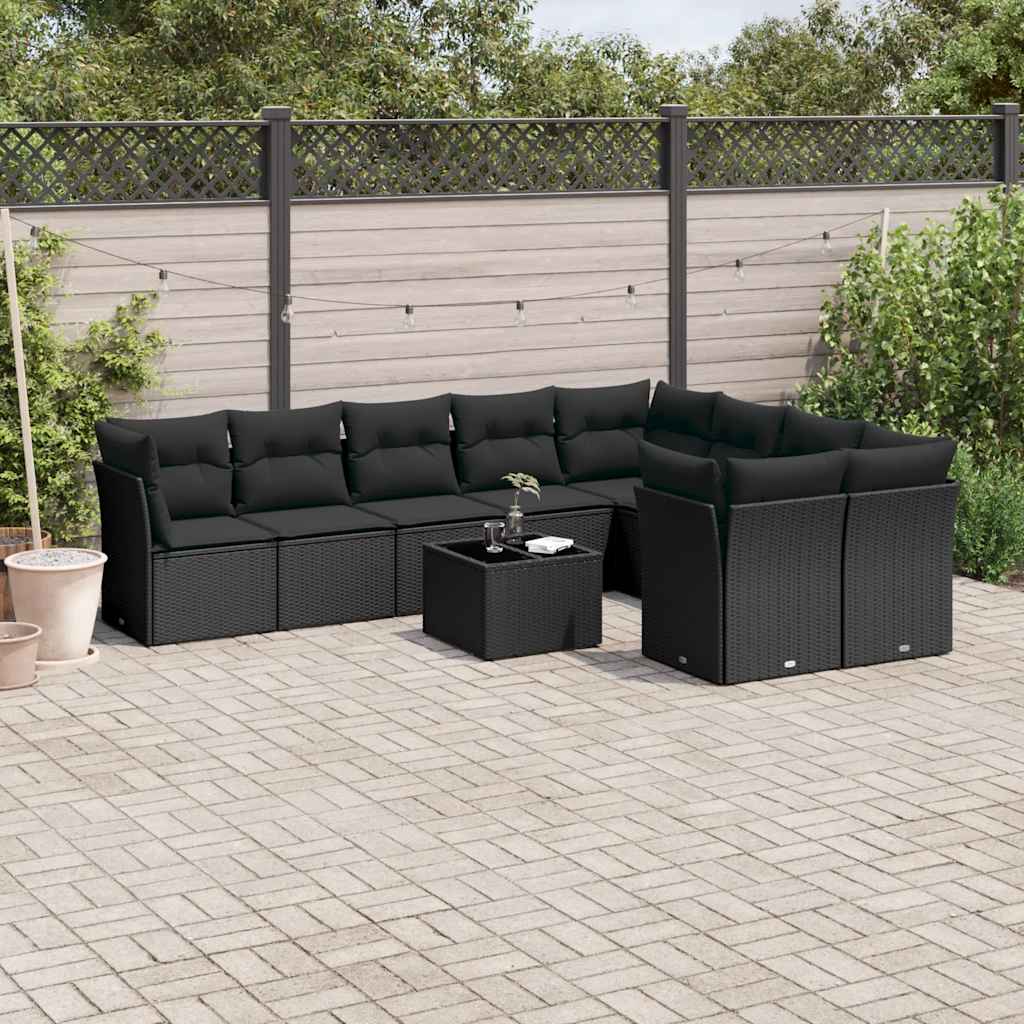10 Pcs conjunto sofás de jardim c/ almofadões vime PE preto