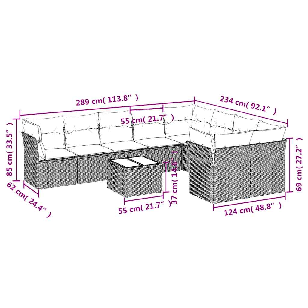 10 Pcs conjunto sofás de jardim c/ almofadões vime PE preto