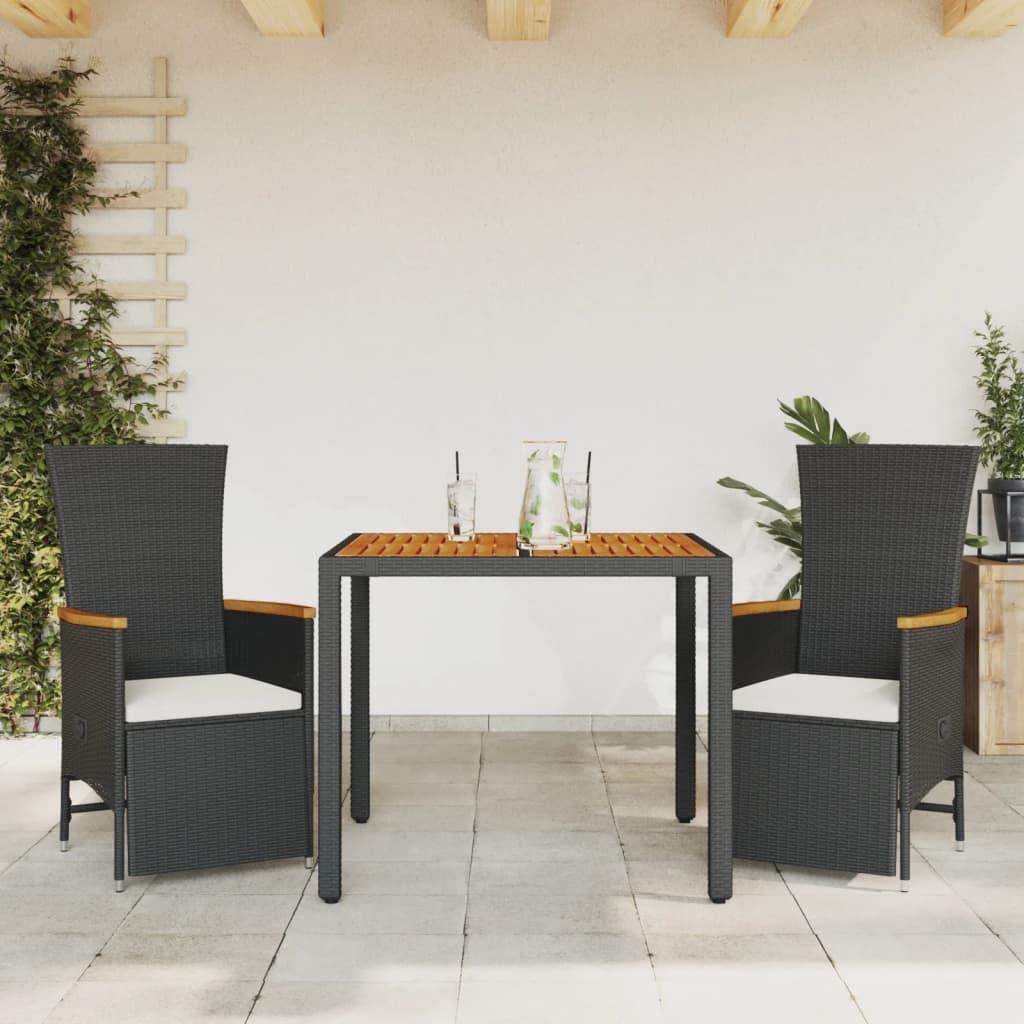 3 Pcs conjunto de jantar p/ jardim c/ almofadões vime PE preto