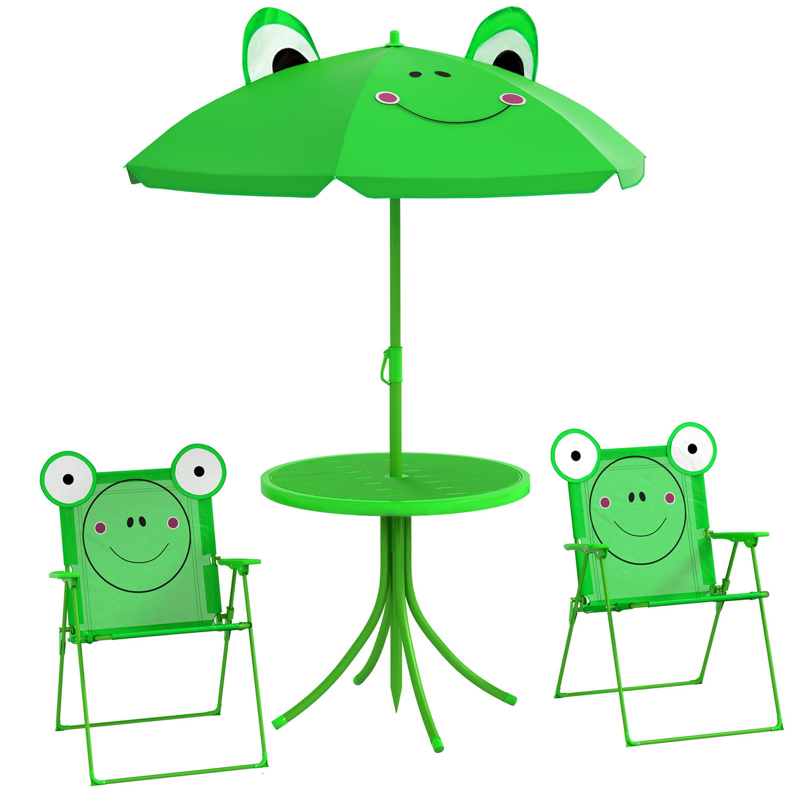 Conjunto de mesa e cadeira de jardim conjunto de picnic dobrável para crianças conjunto de mesa com chapéu de sol com altura ajustável 100-125cm desenho de sapo verde