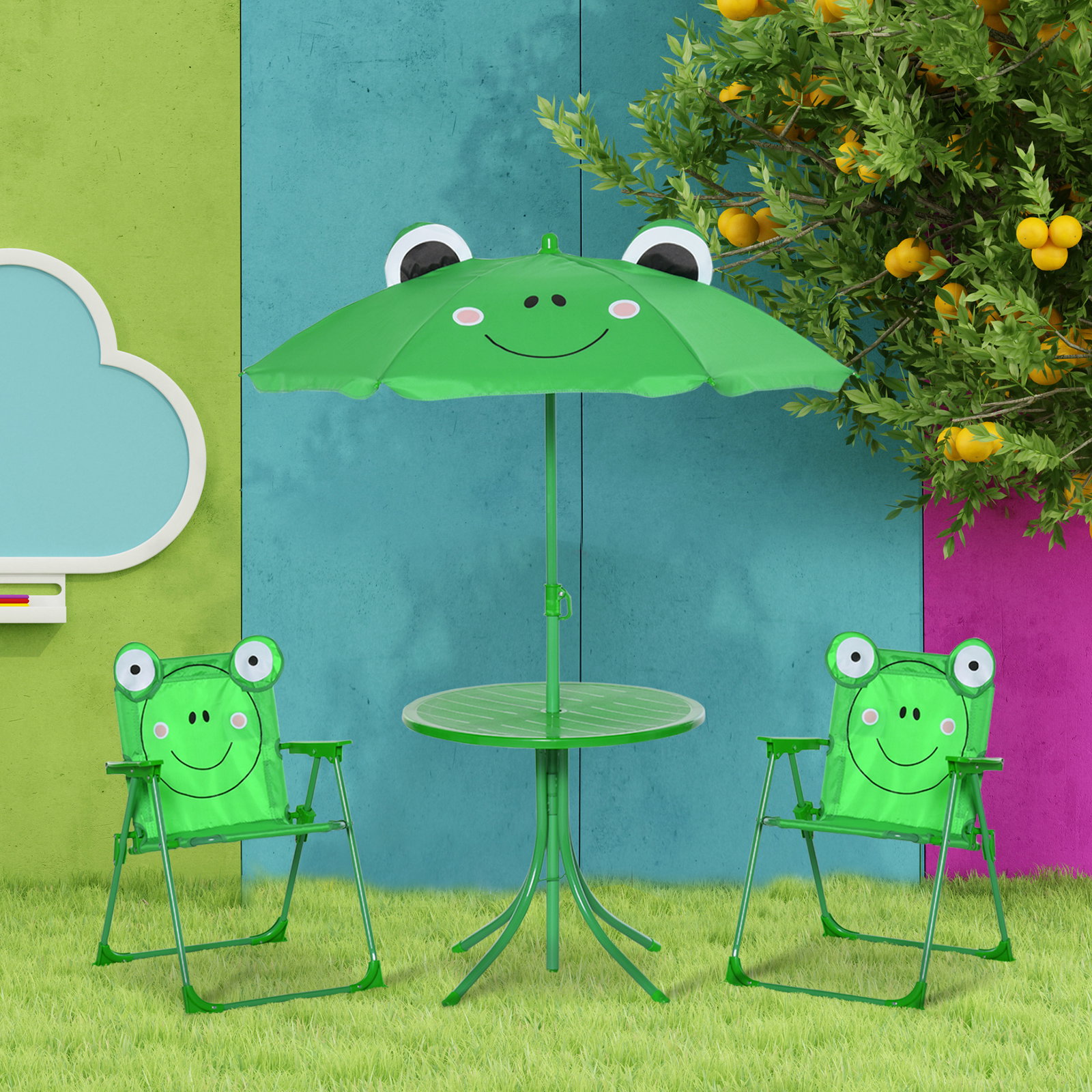 Conjunto de mesa e cadeira de jardim conjunto de picnic dobrável para crianças conjunto de mesa com chapéu de sol com altura ajustável 100-125cm desenho de sapo verde